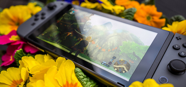 Nintendo Switch in a bed of flowers